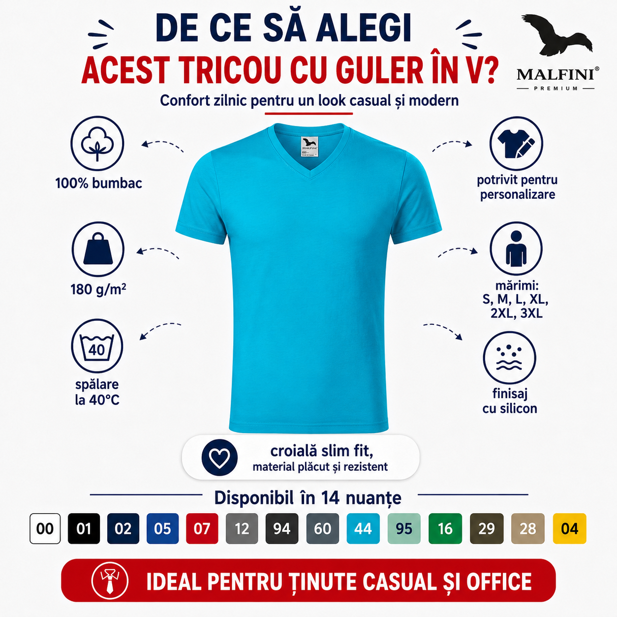 De ce să alegi tricou bărbați Malfini 146 cu guler &icirc;n V, 100% bumbac, 180 g/m&sup2;, slim fit, finisaj cu silicon
